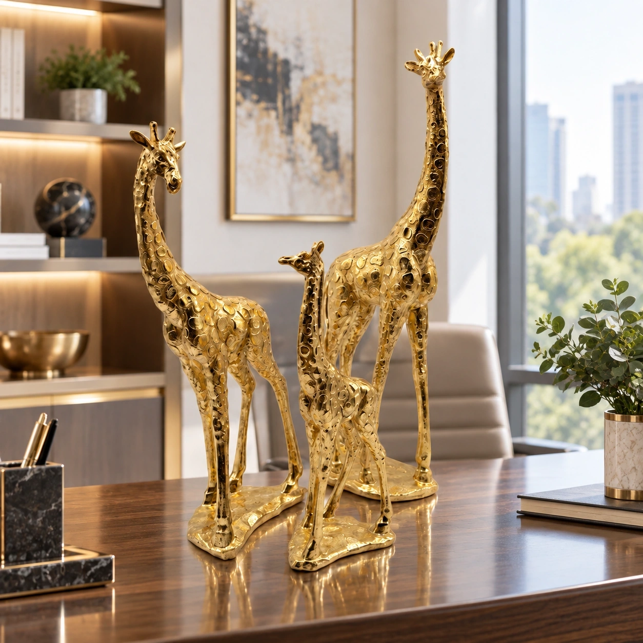 ID Studio Nepal Golden Giraffe Sculpture Set for Living Room, Console Table & Office Décor 3