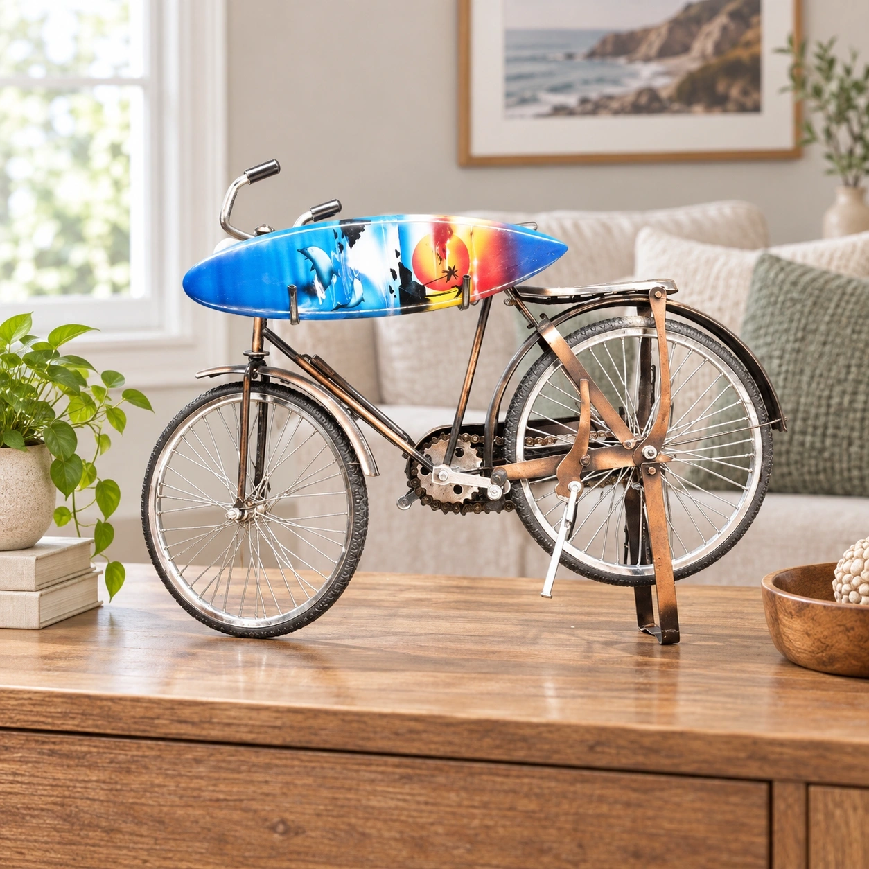 ID Studio Nepal Decorative Bicycle with Surfboard Showpiece for Living Room, Office & Café Décor 2