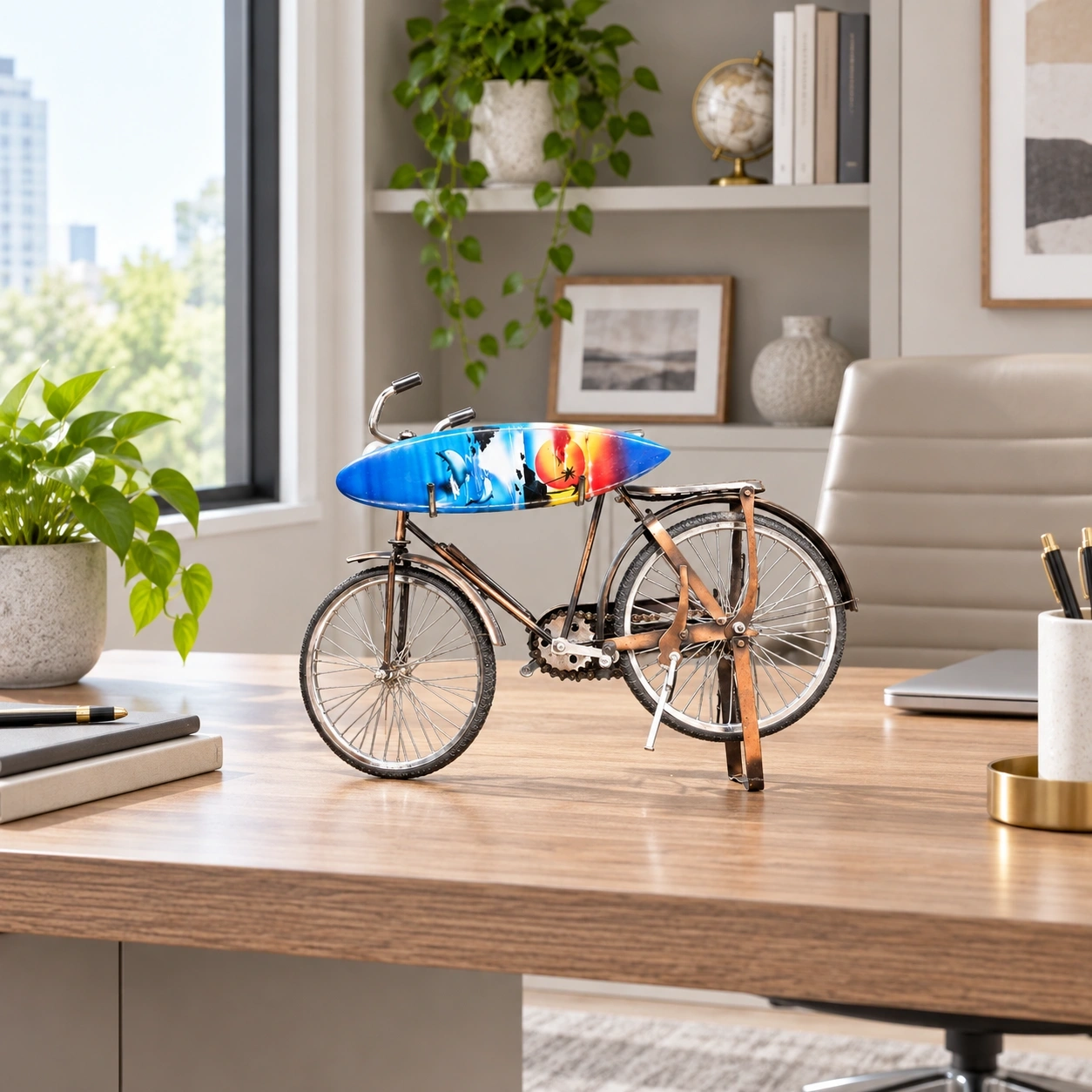 ID Studio Nepal Decorative Bicycle with Surfboard Showpiece for Living Room, Office & Café Décor 1