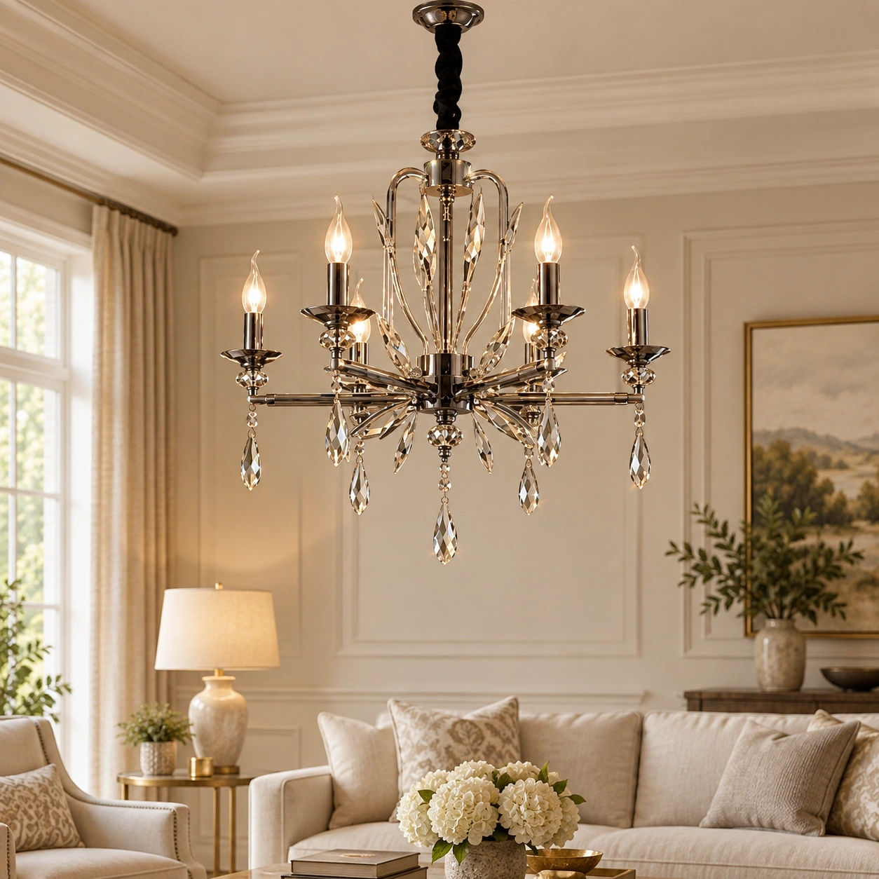 ID Studio Nepal Steel Grey 6-Light Crystal Chandelier for Living Room, Dining Room & Lobby 1