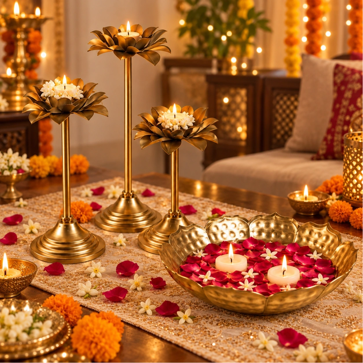 ID Studio Nepal Set of 4 Lotus Diya Stands and Decorative Bowl for Diwali, Puja & Festive Décor 2