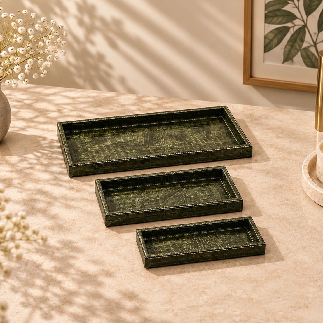 ID Studio Nepal Textured Rectangular Serving Tray Set for Tea, Snacks & Table Décor 1