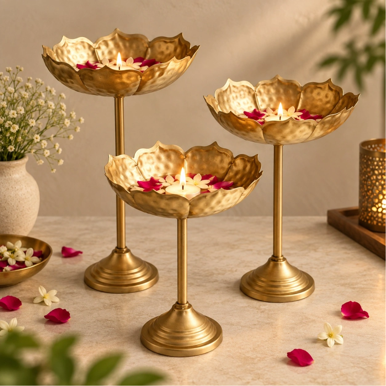 ID Studio Nepal Set of 3 Gold Lotus Urli Stands for Diwali, Pooja and Festive Décor 1
