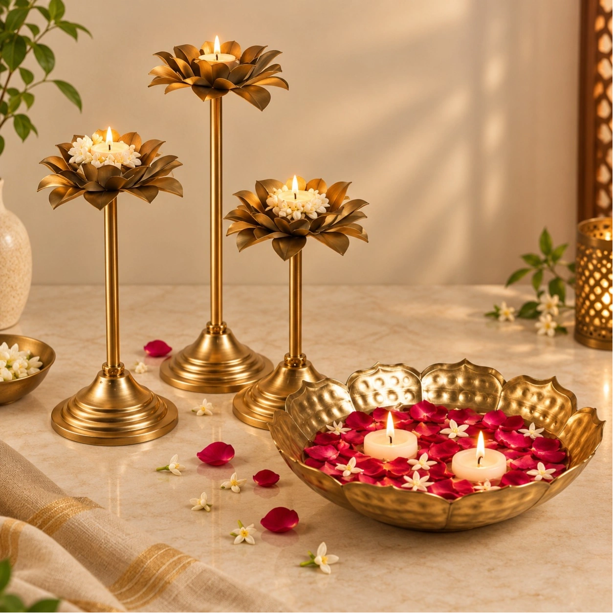 ID Studio Nepal Set of 4 Lotus Diya Stands and Decorative Bowl for Diwali, Puja & Festive Décor 1