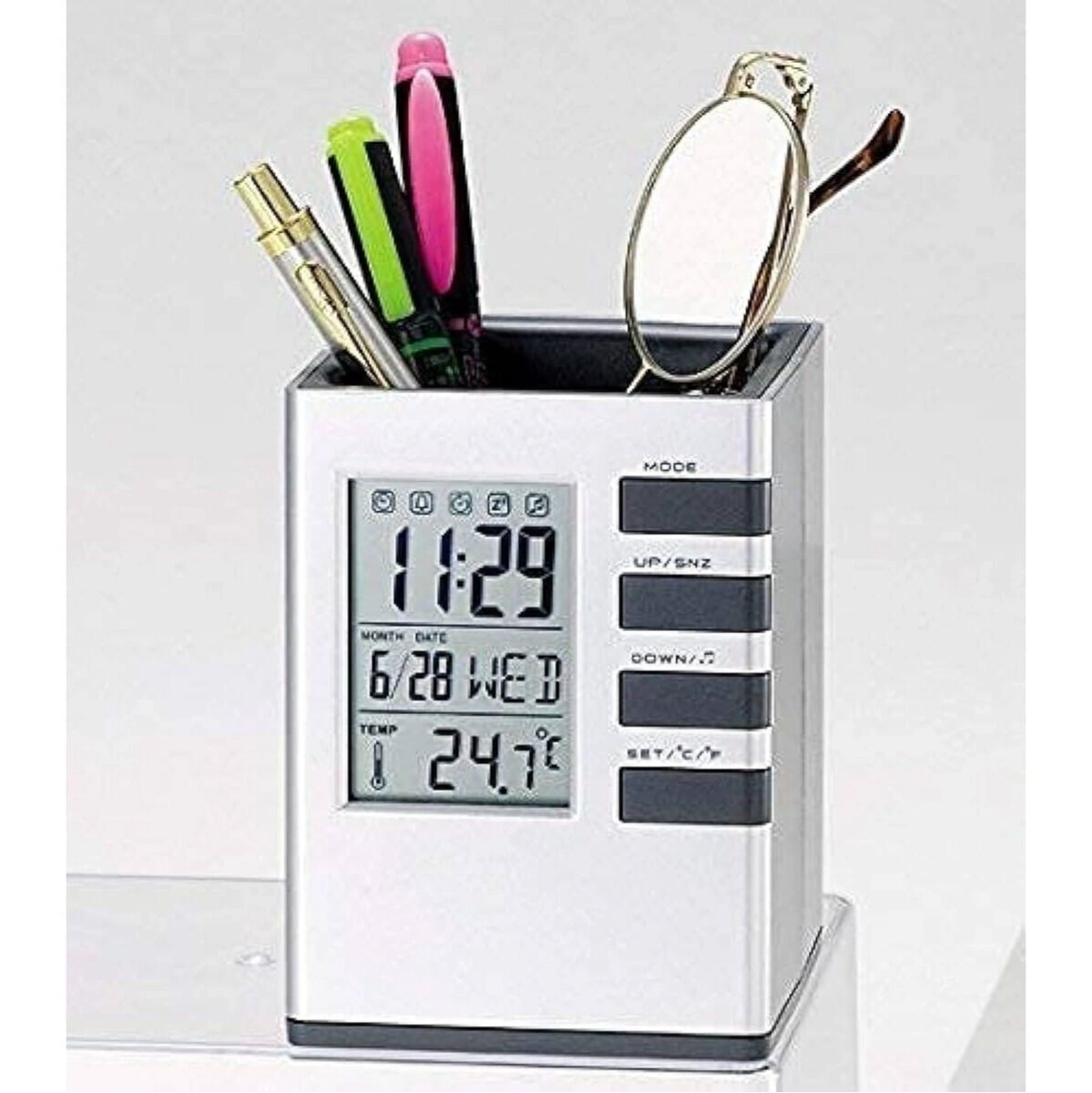 cube Desk clock stand with pen holder 1