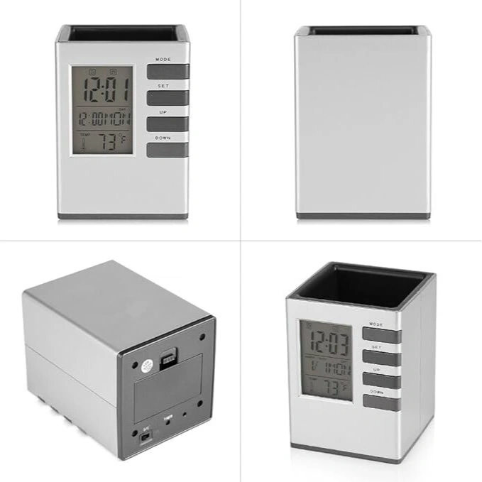 cube Desk clock stand with pen holder 2