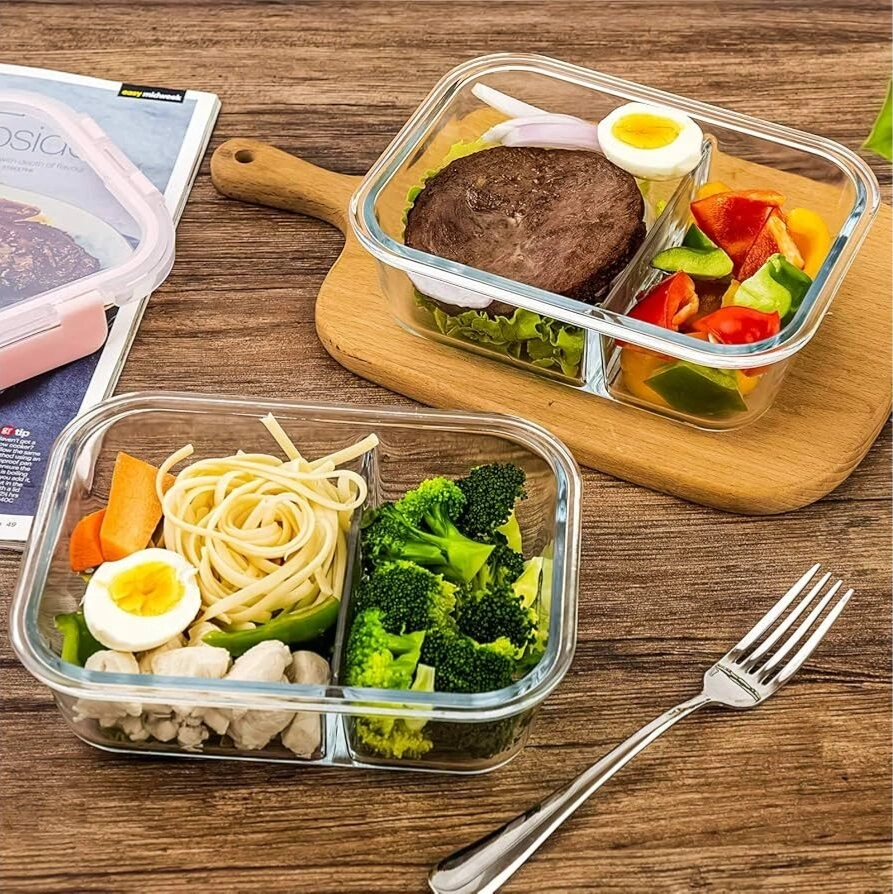 Rectangle Glass Food Container with Airtight Lid - 2 Compartment 1