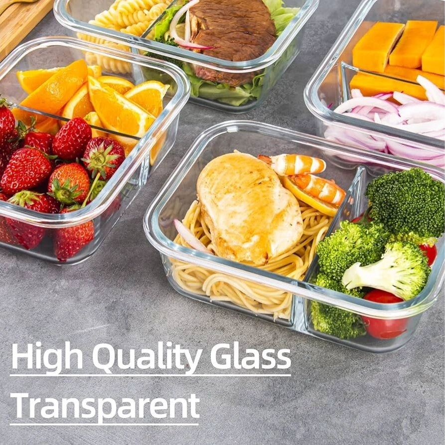 Rectangle Glass Food Container with Airtight Lid - 2 Compartment 2