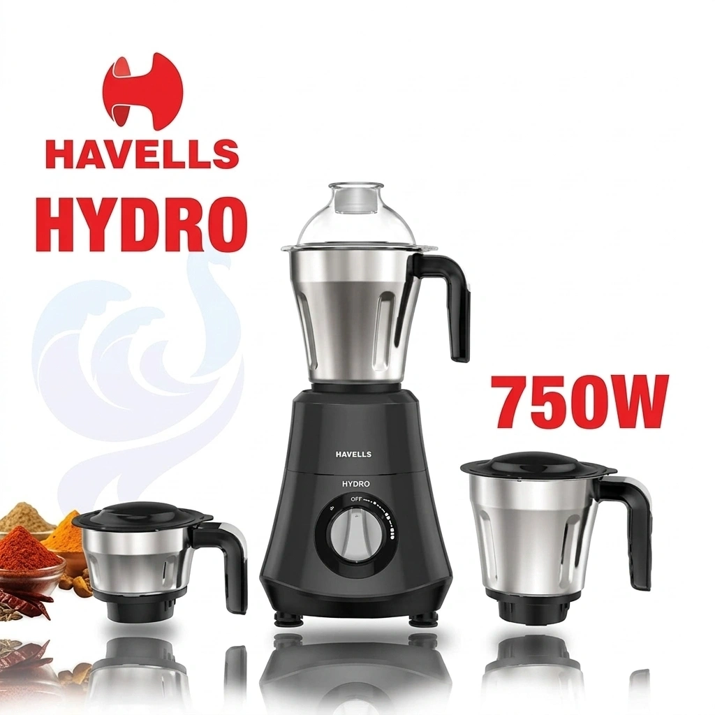 HAVELLS Hidro 3-Jar Mixer Grinder – Powerful Motor, Stainless Steel Jars - 750W 1
