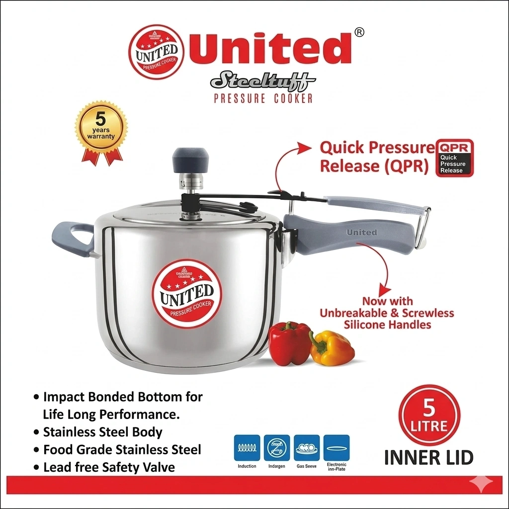 United T-3 Triply Inner Lid Pressure Cooker with Silicon Handle - 5Ltr 2