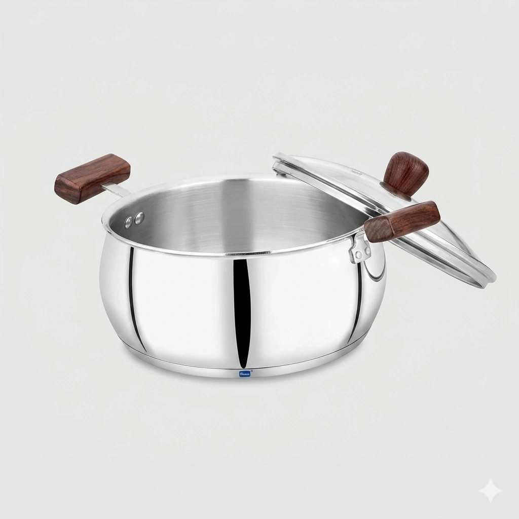 Unirize- Triply Wooden Handle Belly Handi with Glass Lid - 2ltr 1