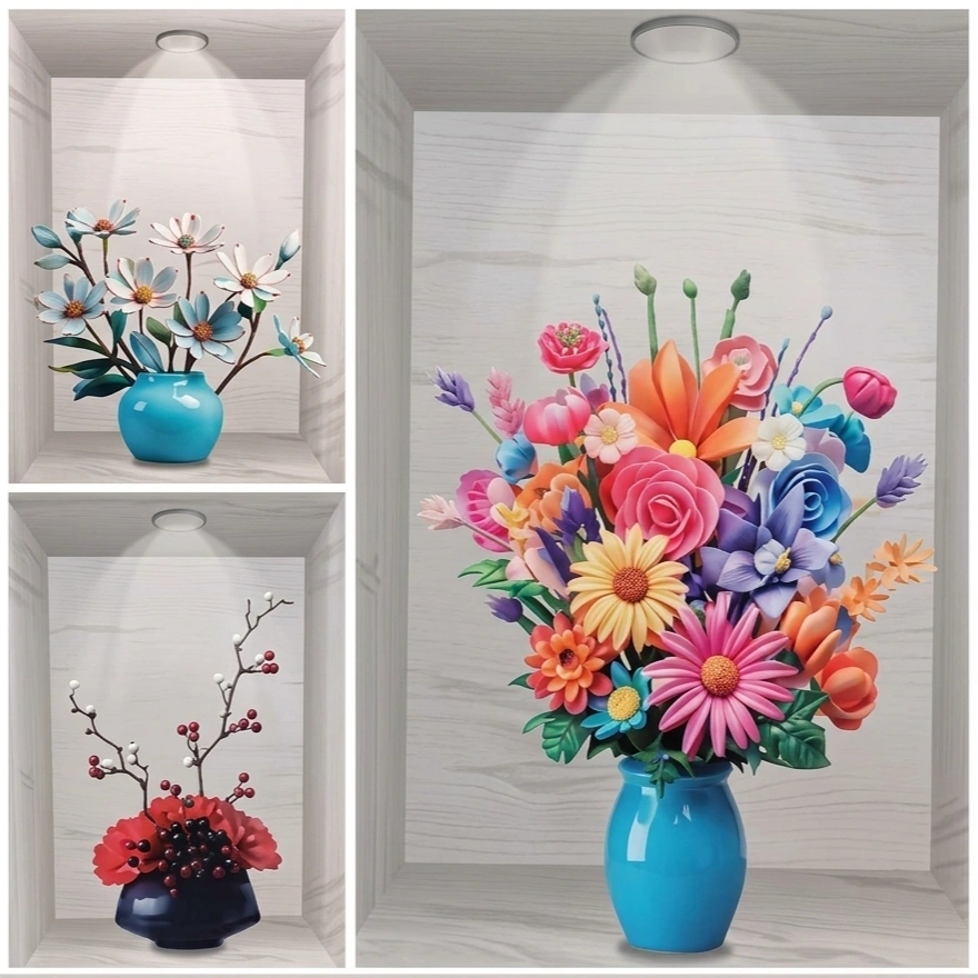 3pcs Self-Adhesive 3D Flower Pot Design Wall Stickers 2