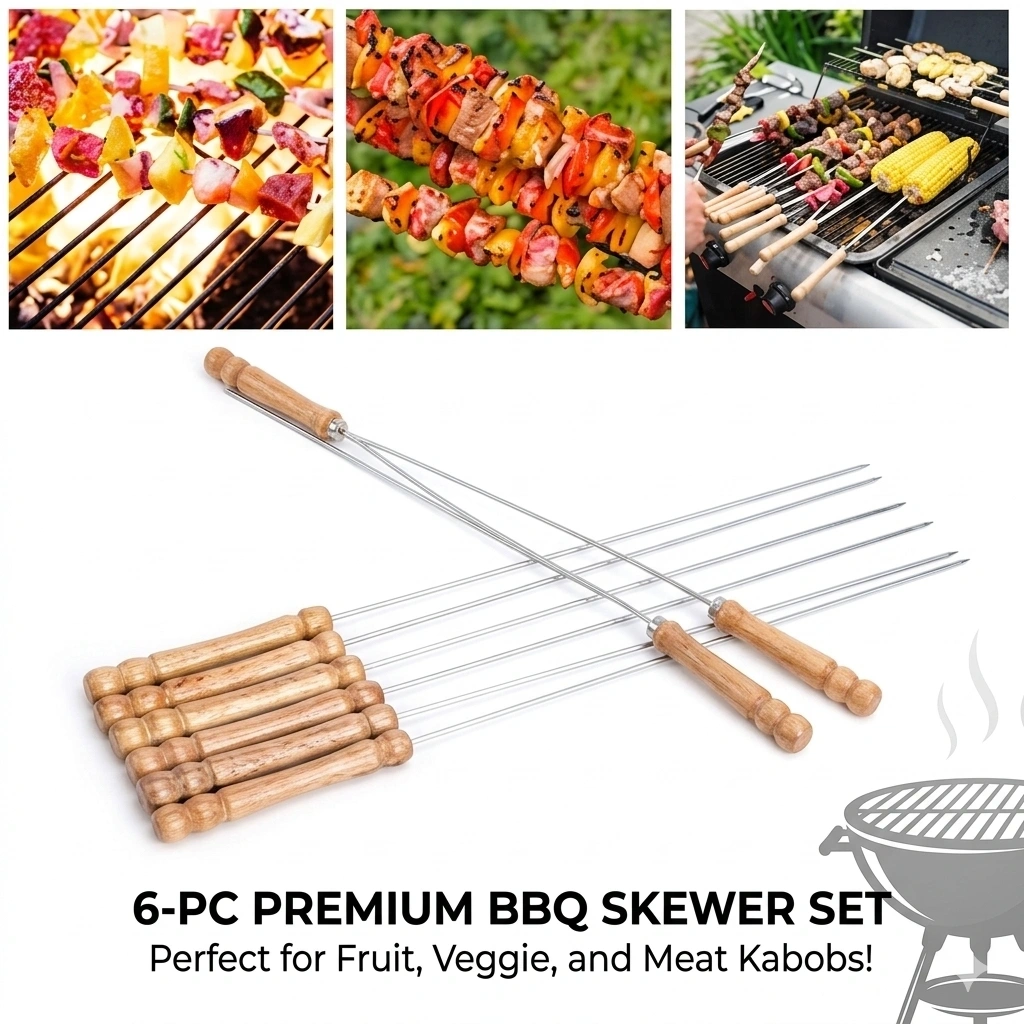 BBQ Stick Wooden Handle -Set Of 6pcs 1
