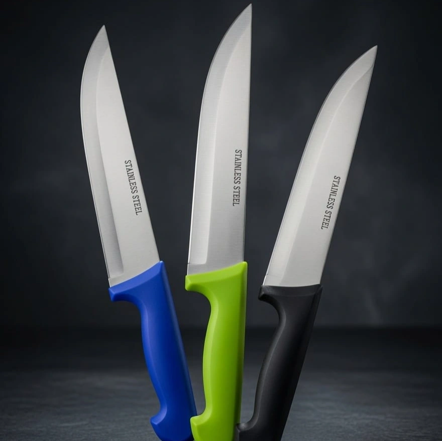 8 inch profession Kitchen knives with blue ,Black and Lime green plastic Handel 1