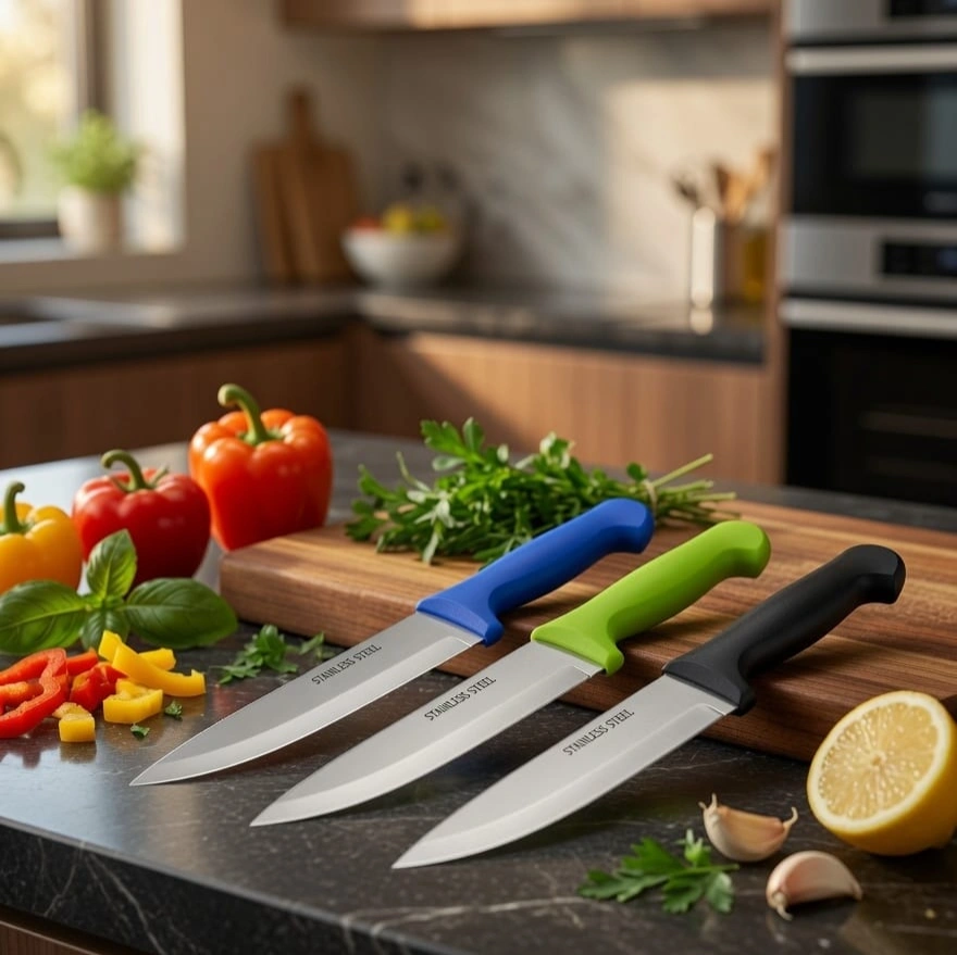 8 inch profession Kitchen knives with blue ,Black and Lime green plastic Handel 2